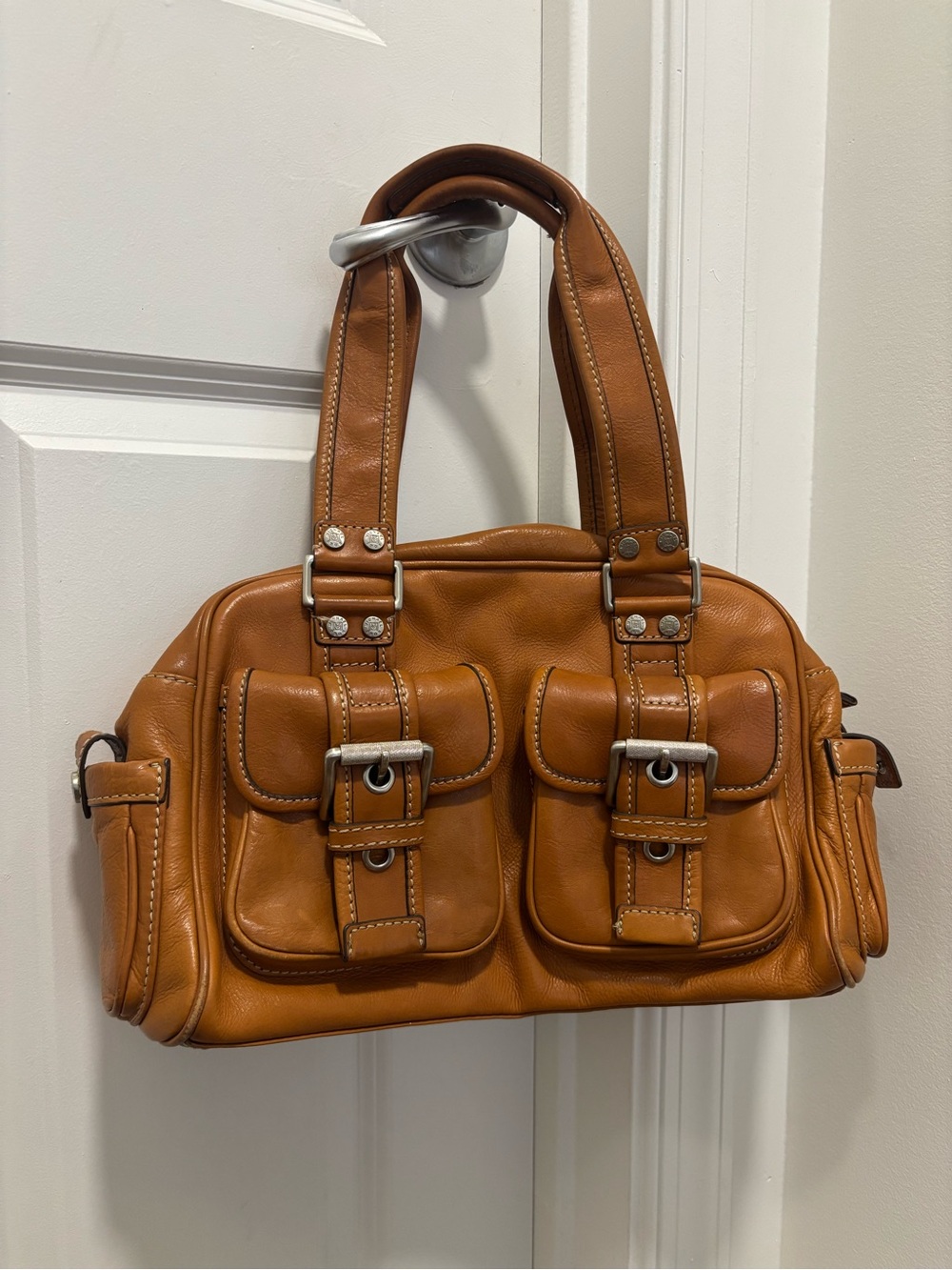 Vintage Michael Kors Cognac Brown Leather Satchel Bag Y2K Front Buckle Pockets